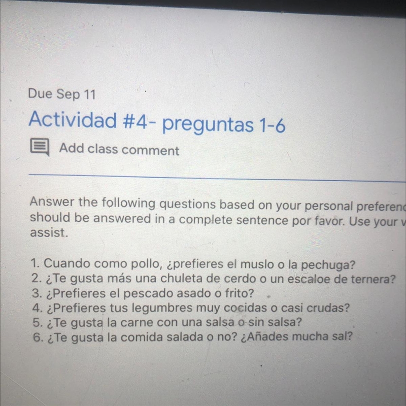 1. Cuando como pollo, ¿prefieres el muslo o la pechuga?-example-1