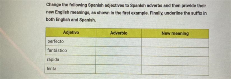 Change the following Spanish adjectives to Spanish adverbs and then provide their-example-1