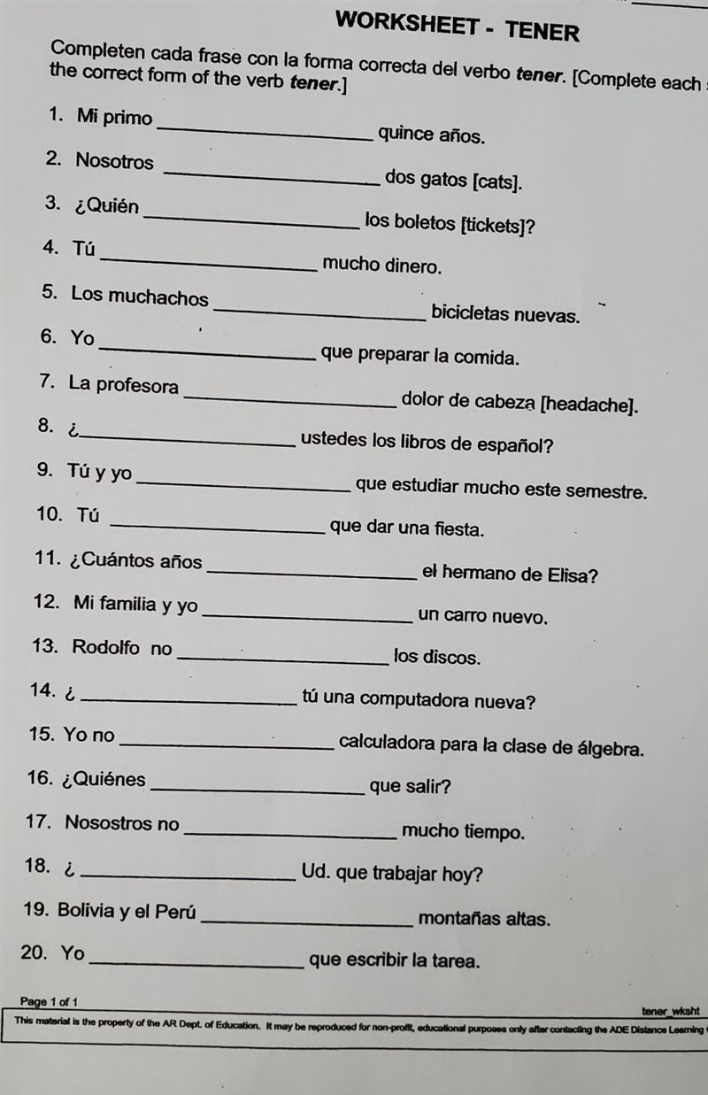 Complete cada frase con la forma correcta dep verbo tener(complete each sentence with-example-1