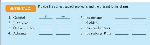 Provide the correct subject pronouns and the present forms of ser. PLEASE HELP MY-example-1