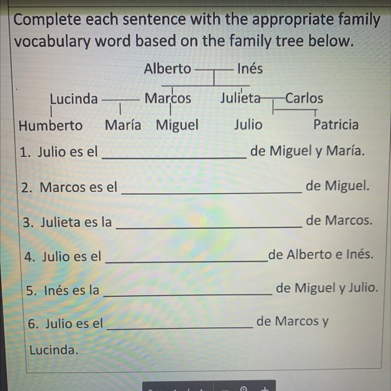 Complete each sentence with the appropriate family vocabulary word based on the family-example-1