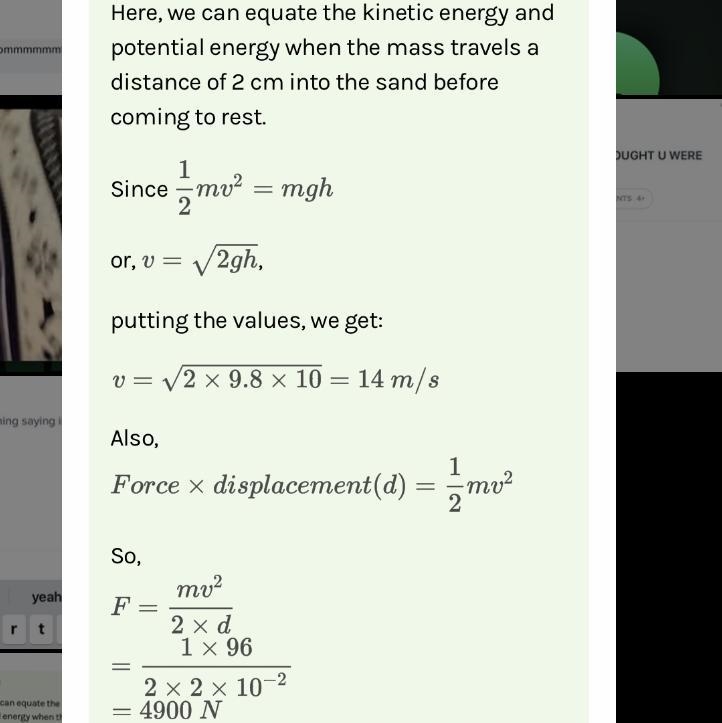 A 1kg object/mass/ falls from a height of 10m into a sandbox. What is the speed of-example-1