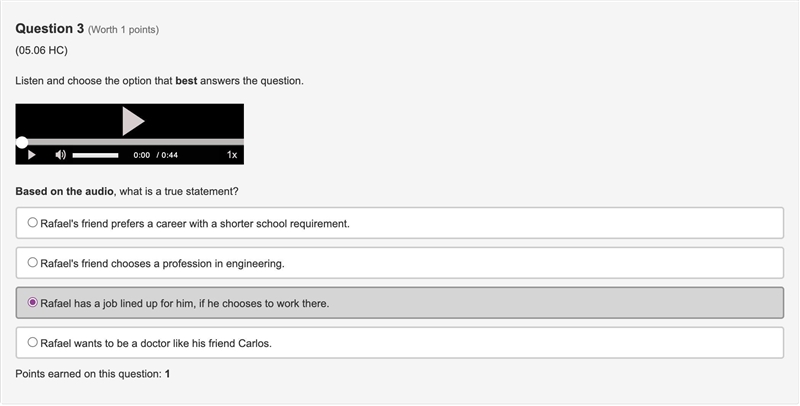 Based on the audio, what is a true statement? Rafael's friend prefers a career with-example-1