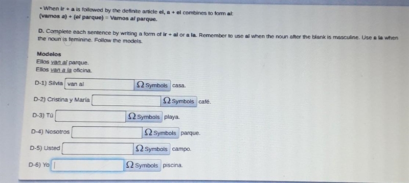 Please help me?? yo-voy tu- vas usted/el/ella- va nosotros/ nosotras- vamos vosotros-example-1