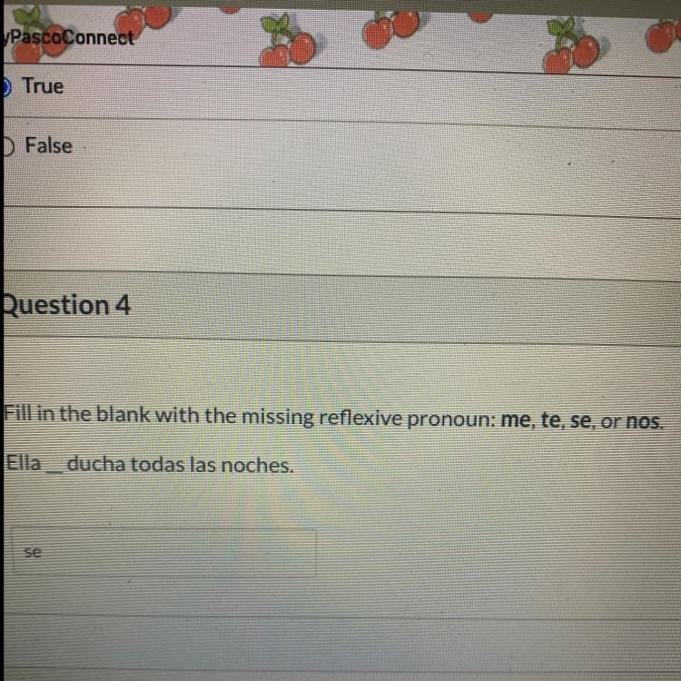 Fill in the blank with the missing reflexive pronoun: me, te, se, or nos. Ella _ ducha-example-1