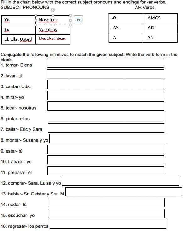 Conjugate the following infinitives to match the given subject. Write the verb form-example-1