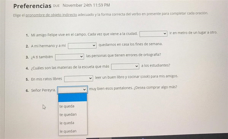 Fill in the blanks (they are all pull downs but the words are different) SPANISH!!-example-1