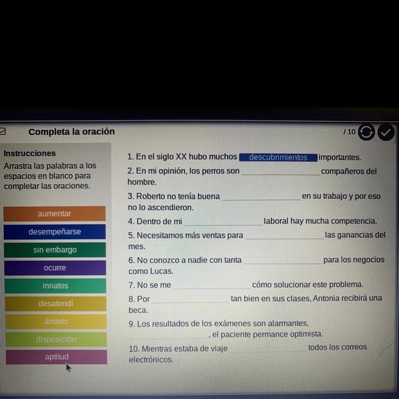 Instrucciones Arrastra las palabras a los espacios en el blanco para completar las-example-1