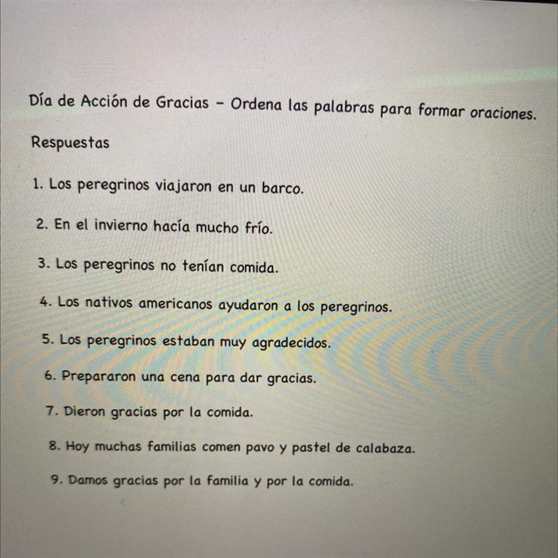 Dia de Acción de Gracias - Ordena las palabras para formar oraciones.-example-1