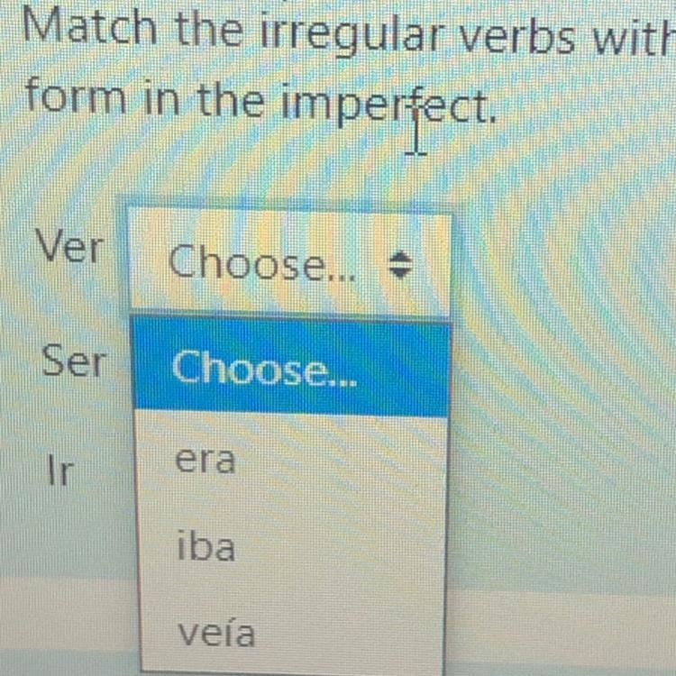 Match the irregular verbs with their correct Yo and ÉI, Ella, Usted form in the imperfect-example-1