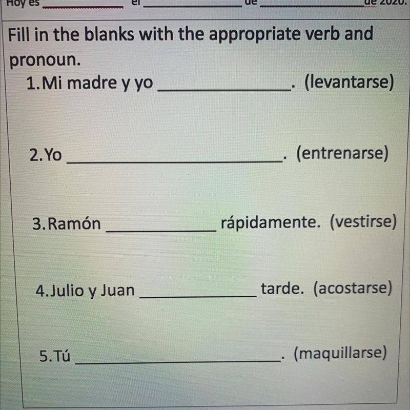 Fill in the blanks with the appropriate verb and pronoun. 1. Mi madre y yo (levantarse-example-1