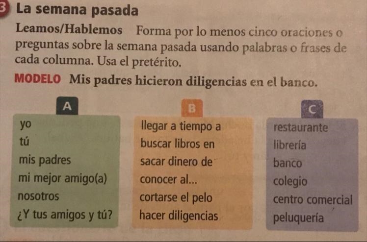 I need to construct five sentences using words from each of the three boxes. What-example-1