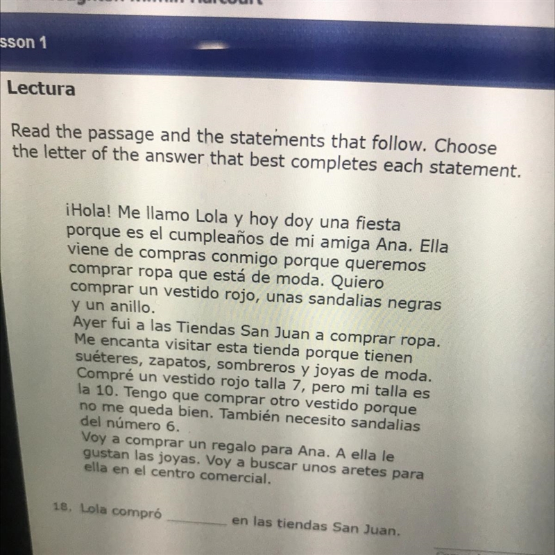 Plzzz help read the passage and hekp me answer these questions 18. Lola compró ____ en-example-1