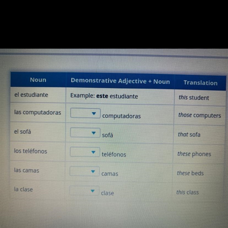 HURRY! Select the correct demonstrative adjective from each drop-down menu to match-example-1