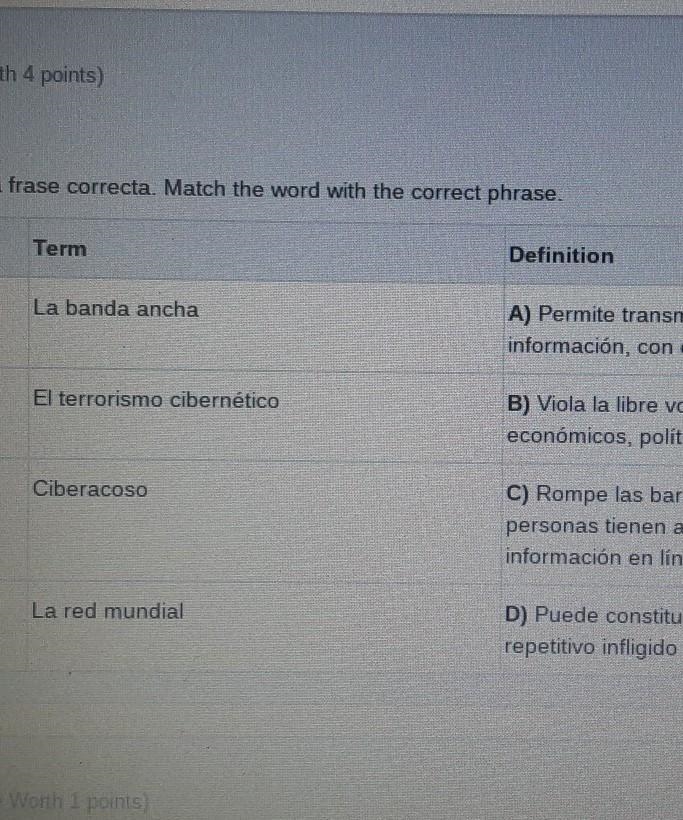 (10 PUNTOS/POINTS) Empareja las palabras con la frase correcta. Match the word with-example-1