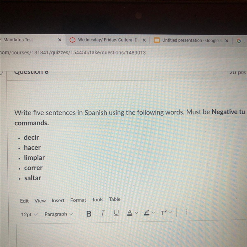 Write five sentences in Spanish using the following words. Must be negative tu commands-example-1