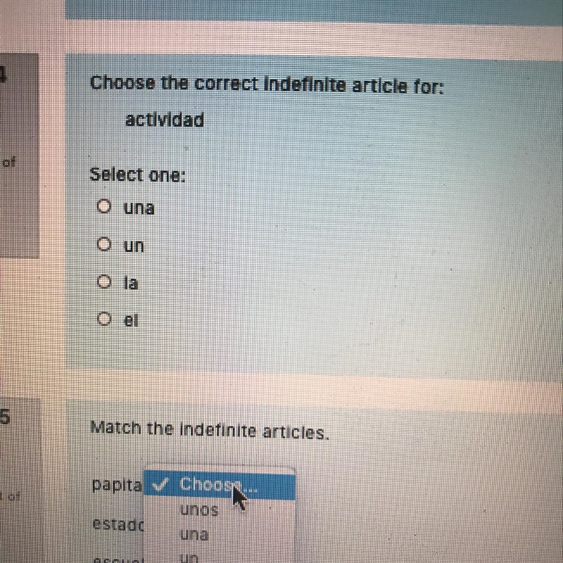 Choose the correct indefinite article for actividad una un la el-example-1