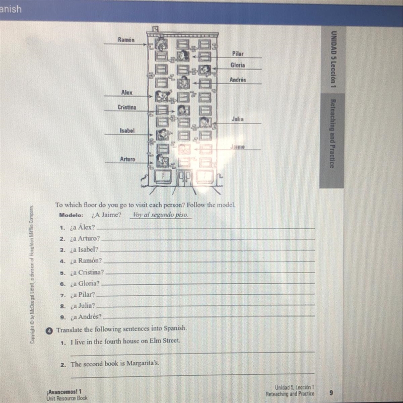 1-9 to which floor do you go to visit each person 1-2 Translate the following sentences-example-1