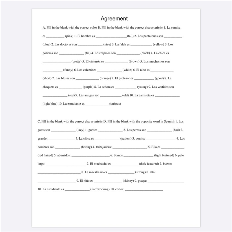 Agreement Spanish Homework fill in the blank-example-1