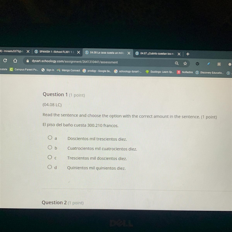 Question 1 (1 point) (04.08 LC) Read the sentence and choose the option with the correct-example-1