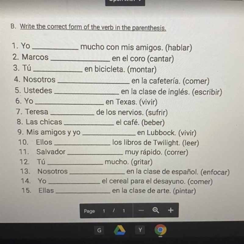 B. Write the correct form of the verb in the parenthesis. 1. Yo mucho con mis amigos-example-1