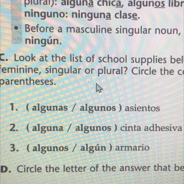 1. (algunas / algunos ) asientos 2. (alguna / algunos ) cinta adhesiva 3. (algunos-example-1