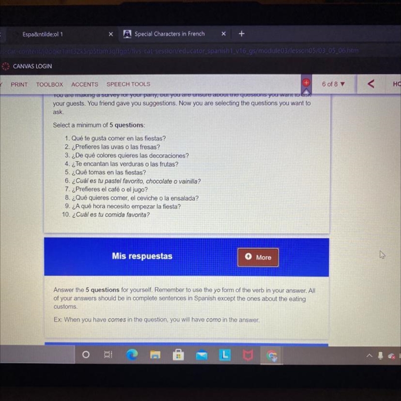 Help? The questions it lists are: 1. Que the gusta comer en las fiestas? 2. Prefieres-example-1