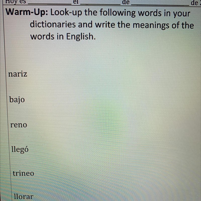 Warm-Up: Look-up the following words in your dictionaries and write the meanings of-example-1