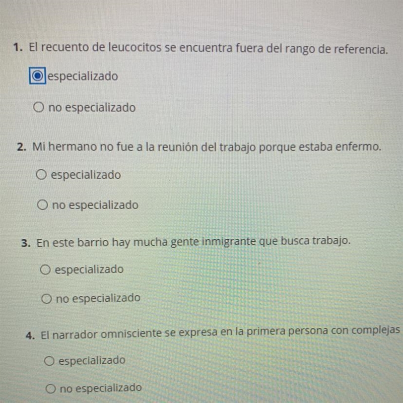 Indica si estas oraciones usan vocabulario especializado o vocabulario no especializado-example-1