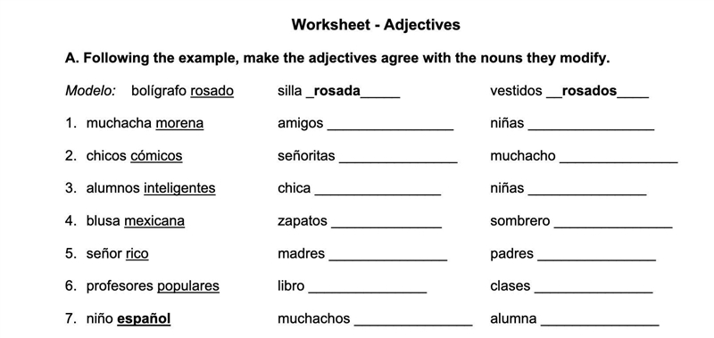 Part A: Following the example, make the adjectives agree with the nouns they modify-example-1