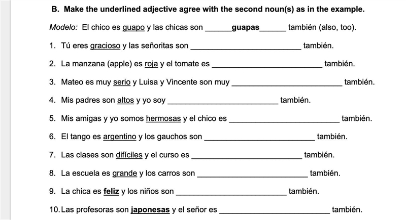 Part A: Following the example, make the adjectives agree with the nouns they modify-example-2