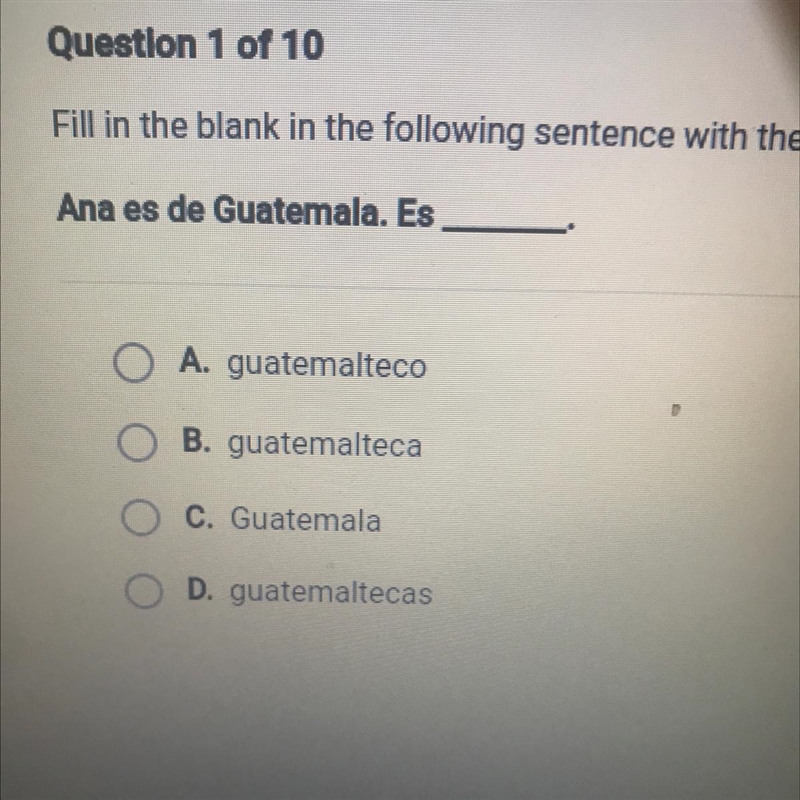 Fill in the blank in the following sentence with the appropriate word below. Ana es-example-1