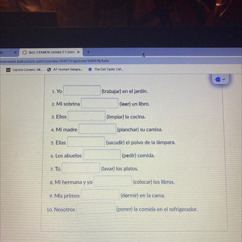 Fill in each blank with the correct PRESENT PROGRESSIVE from of the verb in parentheses-example-1