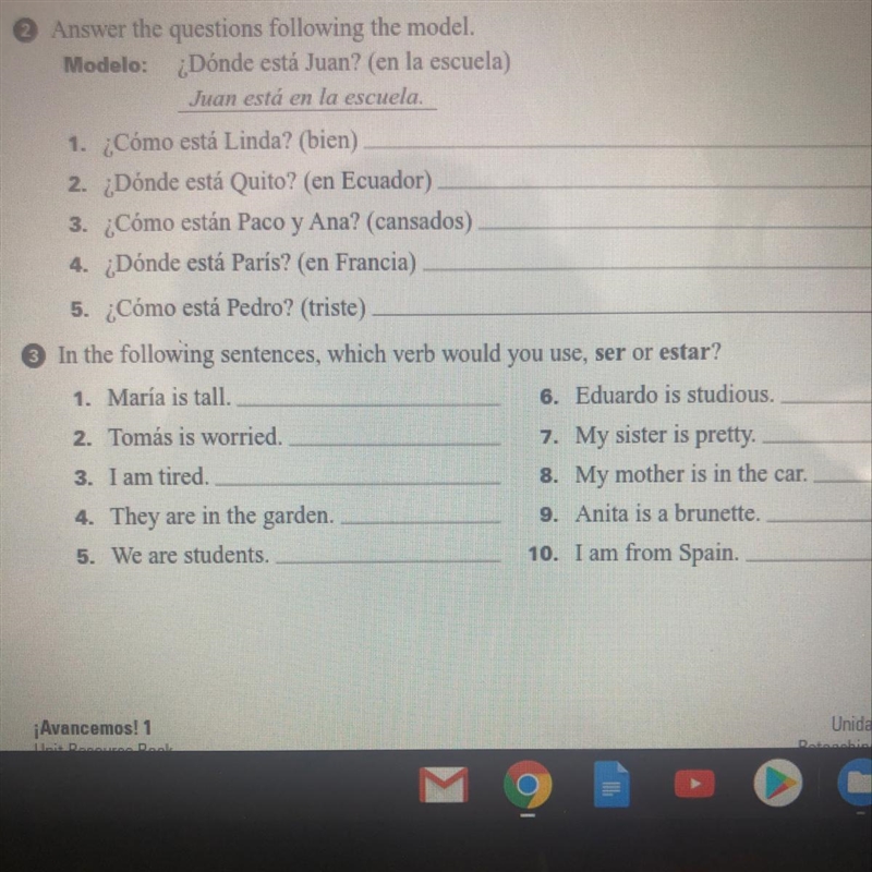 1. ¿Cómo está Linda? (bien) 2. ¿Dónde está Quito? (en Ecuador) 3. ¿Cómo están Paco-example-1