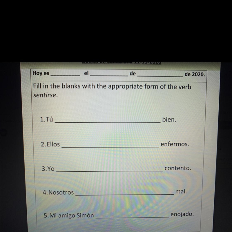 Fill in the blanks with the appropriate form of the verb sentirse. 1. Tú bien. 2. Ellos-example-1