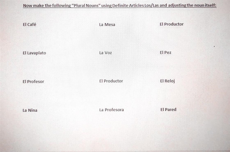 Make the following “plural nouns” using definite articles Los/Las and adjusting the-example-1