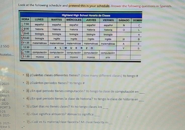 Spanish questions please answer in spanish according to the schedule provided (the-example-1