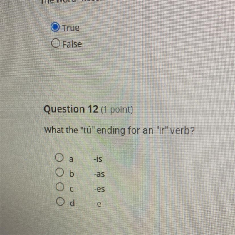 Question 12 (1 point) What the "tů" ending for an "ir" verb? оа-example-1