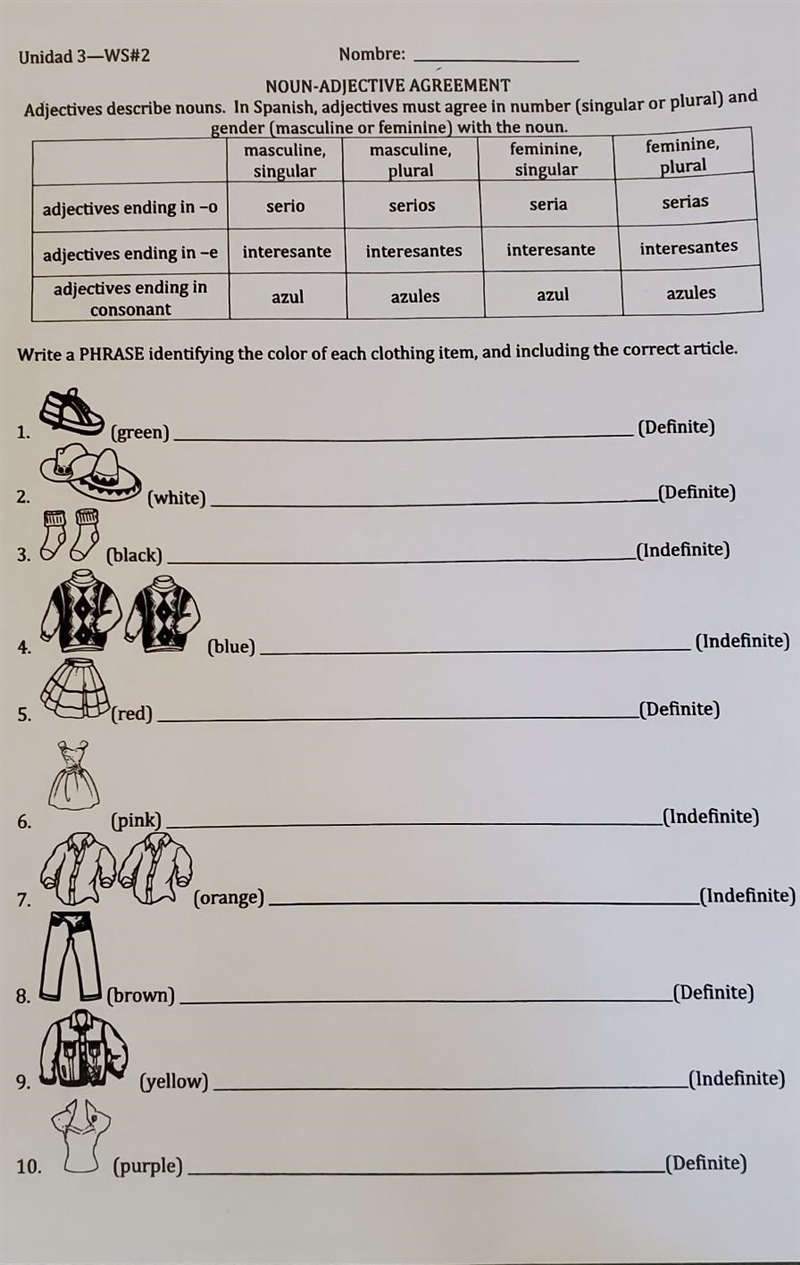 Write A PHRASE identifying the color of each clothing item, and including the correct-example-1