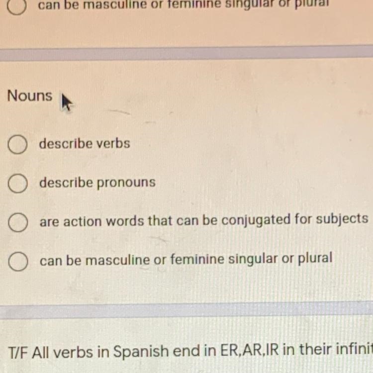 Nouns describe verbs O describe pronouns O are action words that can be conjugated-example-1