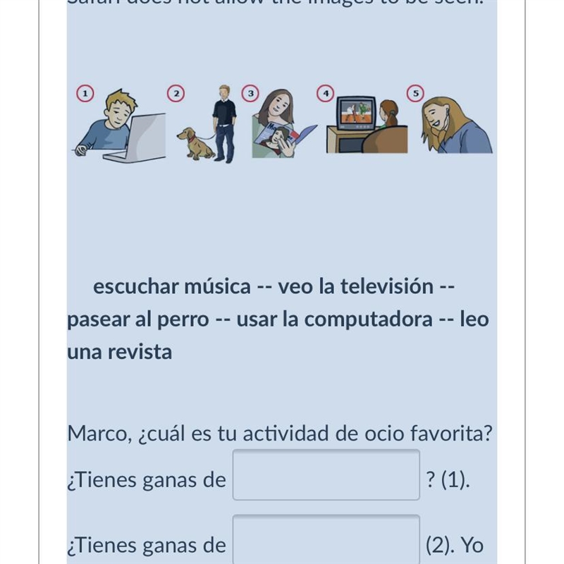 Completa. Fill in the blanks with the correct vocabulary words for the illustrations-example-1