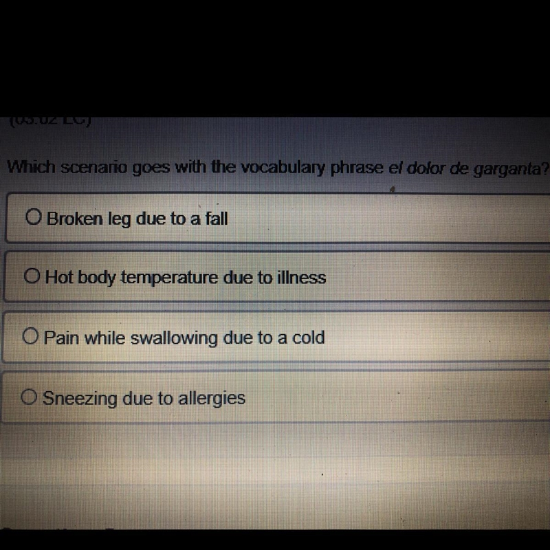 Which scenario goes with the vocabulary phrase el dolor de garganta?-example-1