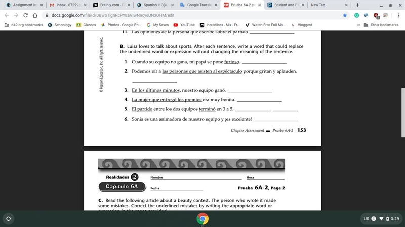 Im asking what the answer for this is Prueba 6A-2 Vocabulary production-example-2