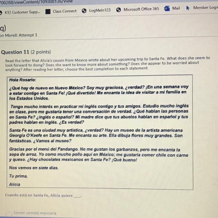 Read the letter that Alicia's cousin from Mexico wrote about her upcoming trip to-example-1