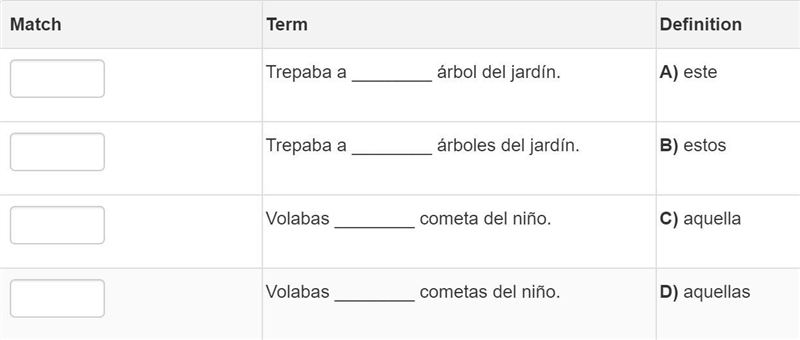 Match each sentence with the correct demonstrative adjective to complete it. Match-example-1