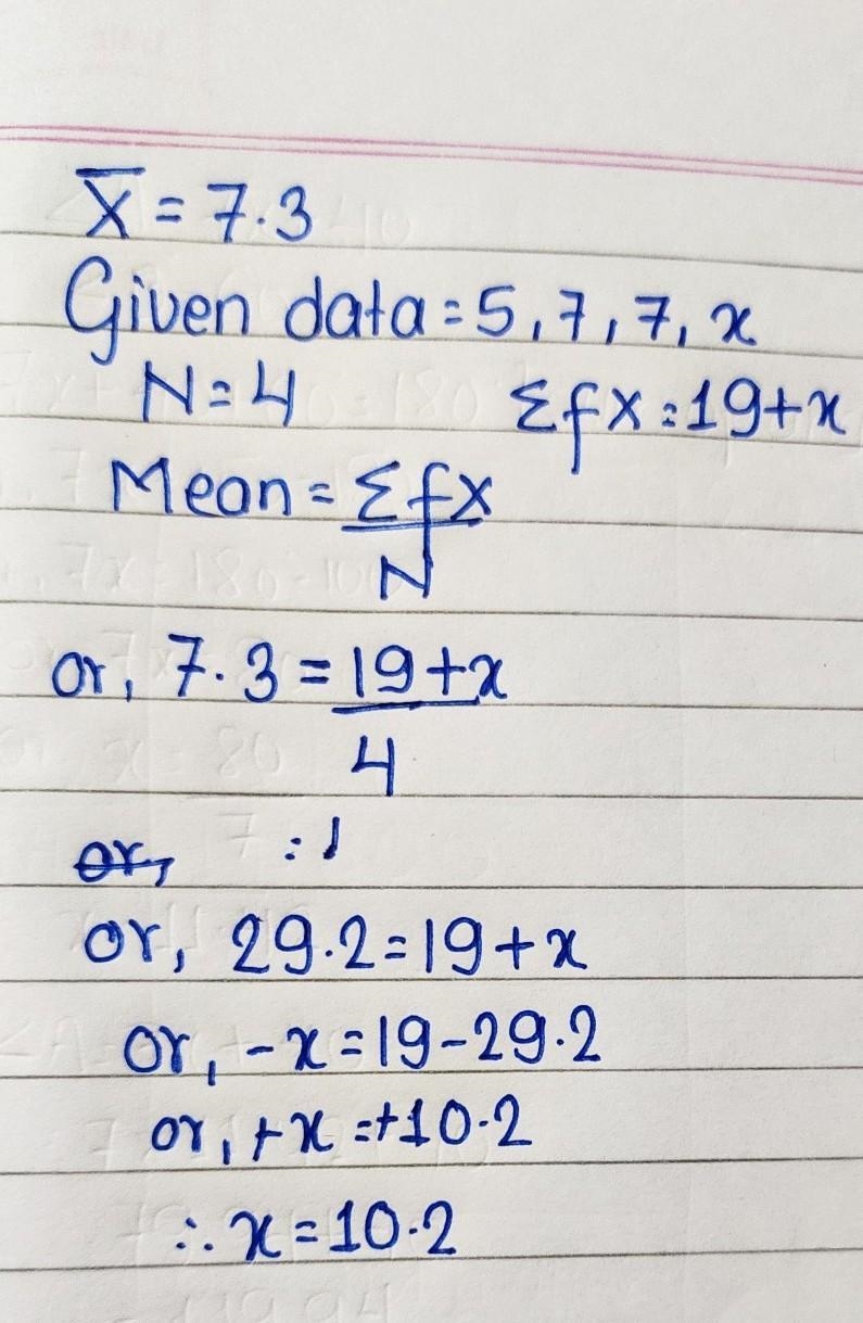 The mean of 4 numbers is 7. 3 of the numbers are 5, 7, and 7. What is the fourth number-example-1