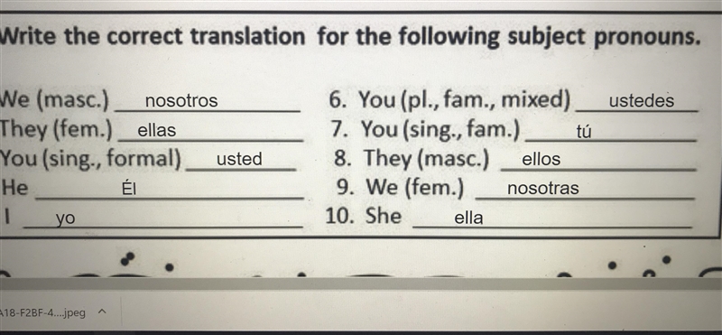 Write the correct translation for the following subject pronouns-example-1