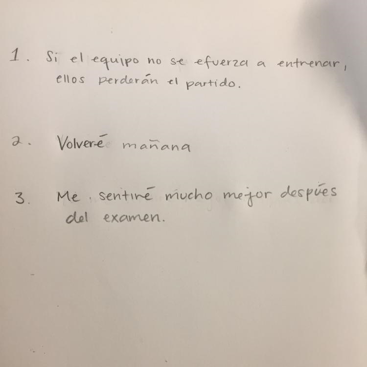 Translate the following sentences into Spanish, remembering to use the future tense-example-1