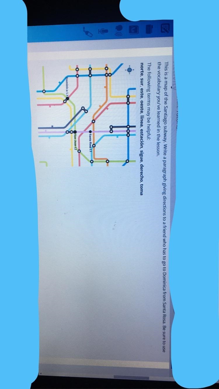 This is a map of the Santiago subway. Write a paragraph giving directions to a friend-example-1