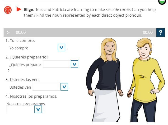 Please help me fill in the blanks 1. el cafe las frutas la carne 2. la comida el arroz-example-1